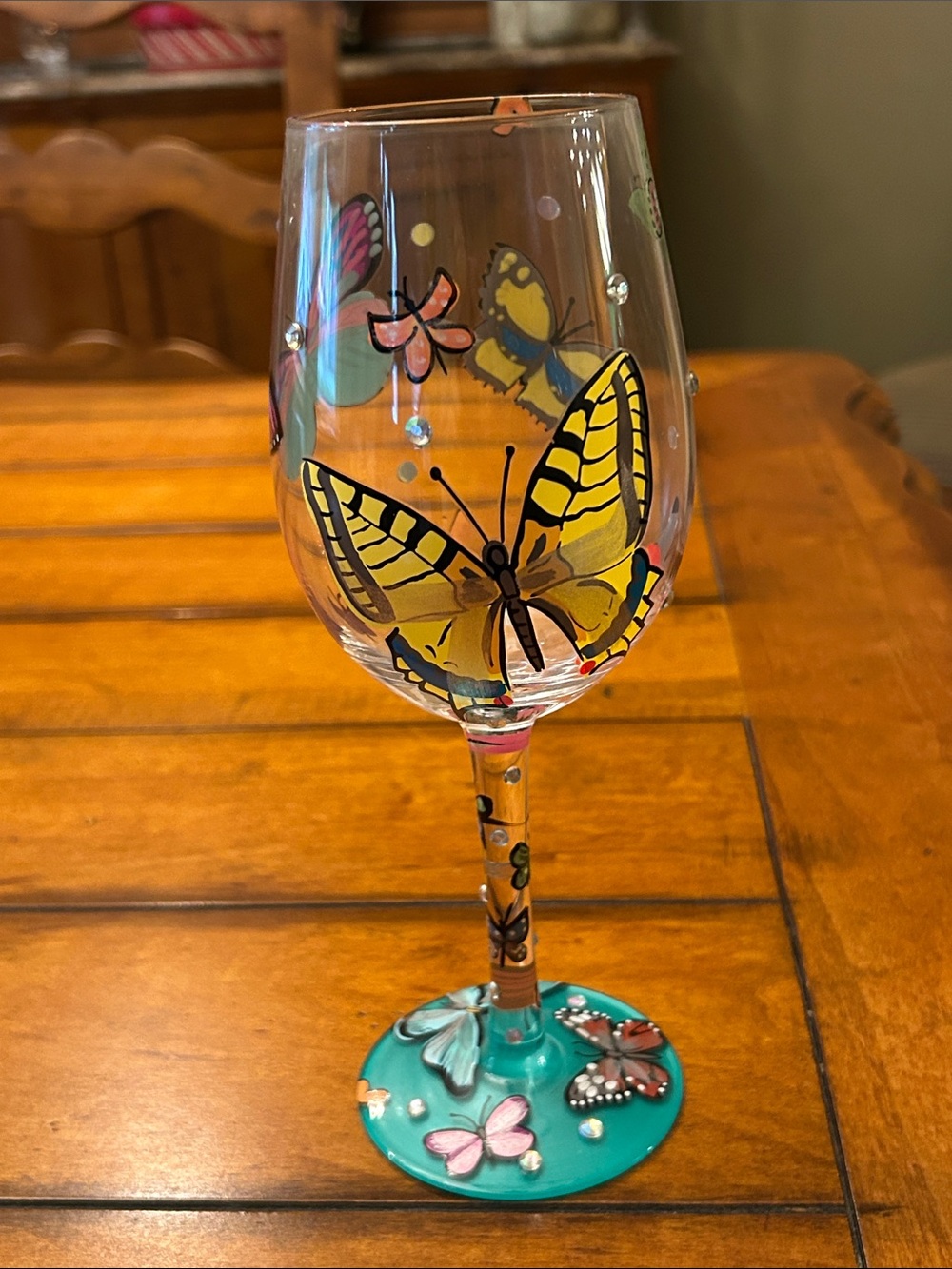 Lolita Hand-Painted Butterfly Wine Glass - Yellow & Teal